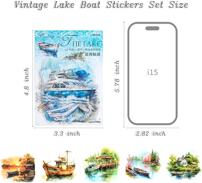 Dwpetzo Vintage Lake Boat Scenery Scrapbook Stickers Set, 120 Pieces Decorative Transparent PET Stickers for Journaling, Junk Journal Supplies, Collage, Scrap Book, Bujo