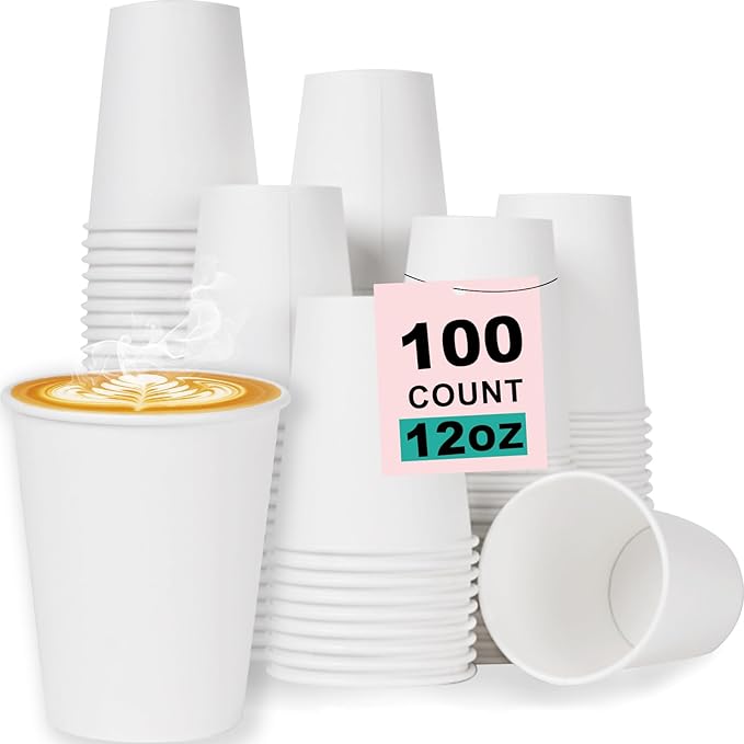 Coolcap 12 oz 100 Pack Disposable Coffee Cups, Bulk White Disposable Paper Cups, Coffee Cups for Hot Tea, Chocolate and Cold Drinks