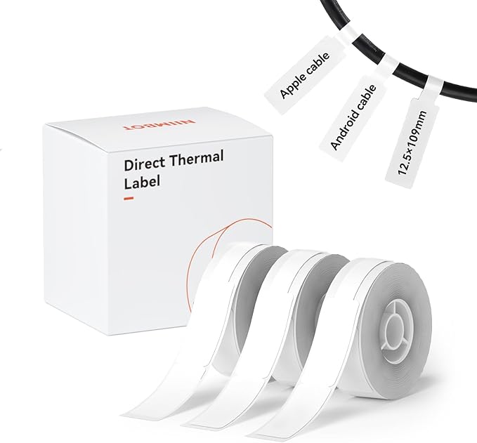 NIIMBOT White Cable Label Maker Tape for D11/D110/D101 Label Maker, 12.5 x 109 mm (0.49'' x 4.29''), 3 Rolls, Thermal Label for Home Office Labeling Tape Replacement