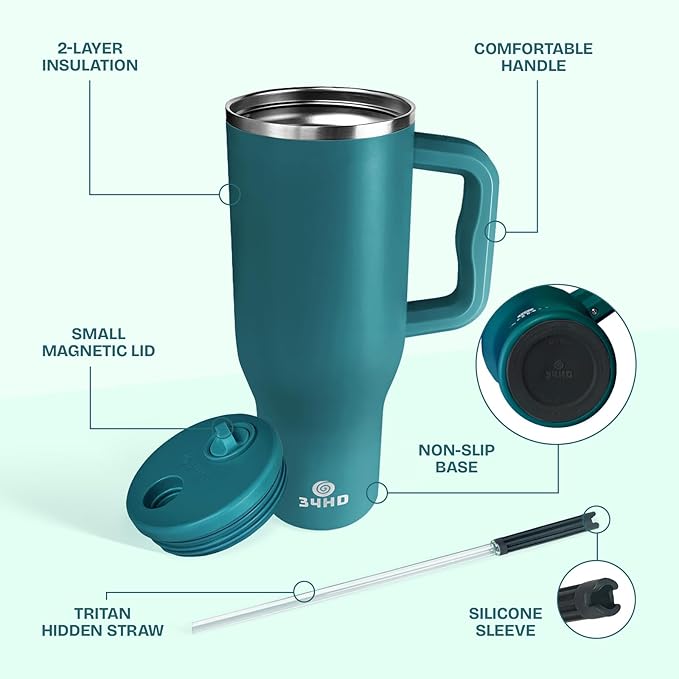 34HD 40 oz Stainless Steel Tumbler - Leakproof Insulated Water Bottle with Handle, Magnetic Lid and Flexible Straw - Iced for 48 Hours – Perfect for Men, Women, Birthday Gift, Green - Teal Mirage