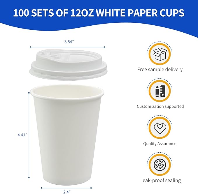 100 Pack 12oz Disposable Coffee Cups With Lids straws sleeves, Disposable cups, Paper Cup, Tea Cups for Hot To Go Coffee k cups with lids, Cupping set,Beverages, shop Home Office Party Travel