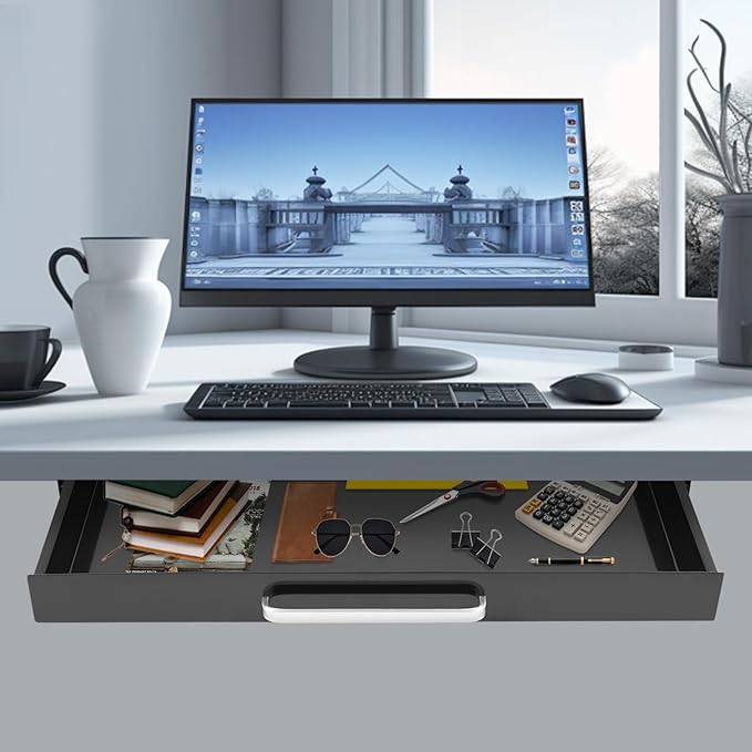 21.5" Under Desk Storage Drawer, Black Sliding Pull-Out Drawer for Sit Stand Workstation
