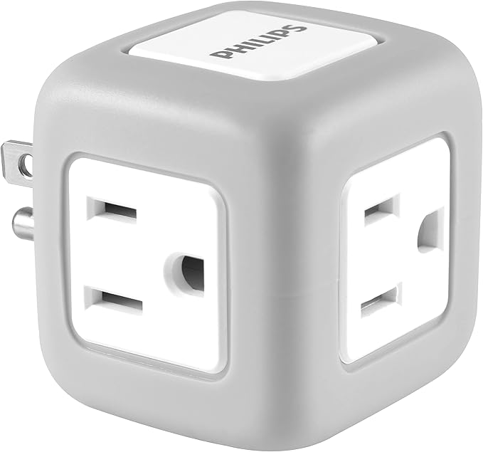 Philips 3-Outlet Extender, Surge Protector, Charging Station, Grounded Wall Tap, 3-Prong, Space Saving Design, Gray, SPP3002GR/37