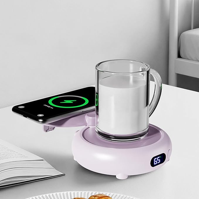 Coffee Mug Warmer for Desk, 3 Heating Setting 2-in-1 Rechargeable Mug Warmer ＆ Phone Chargers Timing Coffee Heater for Desk Home Office