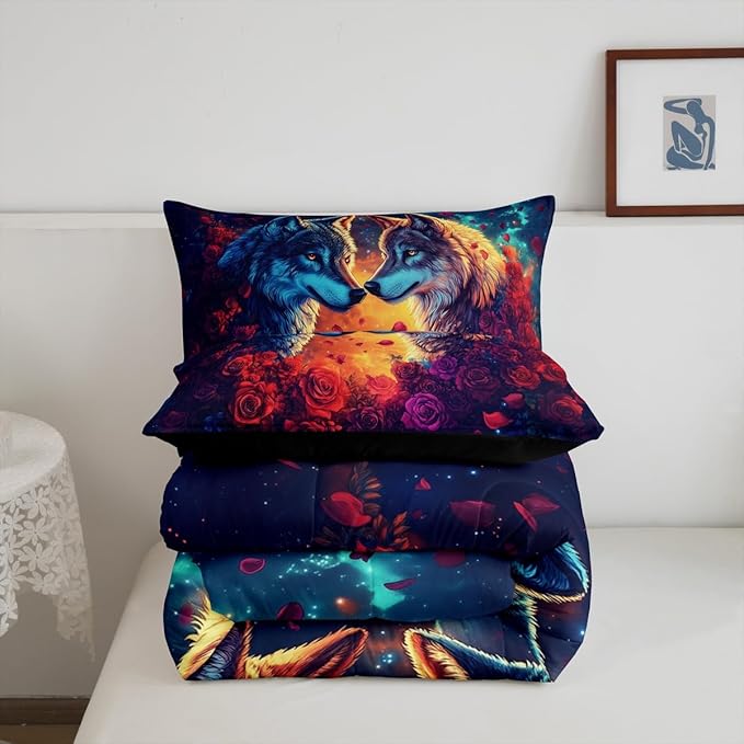 Wolf Comforter Set King Size,Wild Animal Print Couple Theme Reversible Bedding Set All Season Quilt Set,Romantic Red Rose Flowers Watercolor Galaxy Microfiber Polyester Down Comforter