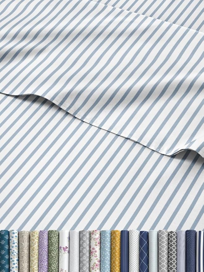 Striped Sheets - Blue & White Striped Sheets - 1 Flat & 1 Fitted & 2 Pillowcases w/ Deep Pockets – Wrinkle & Fade Free - Ultra-Soft, Breathable & Cooling - Luxury Pinstripe Bedding - Cal King Size Set