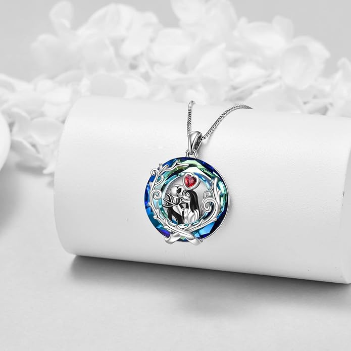 LILALO Christmas Gifts Nightmare Necklace Sterling Silver Abalone Shell Crystal Jack and Sally Necklace Jack Skellington Skull Jewelry Skull Necklaces for Women