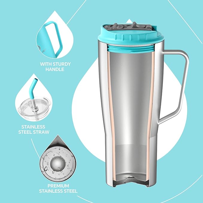Ideus 32 oz Tumbler with Handle and Straw, Vacuum Insulated Stainless Steel Travel Mug, 100% Leakproof, Cup Holder Friendly, Sky Blue