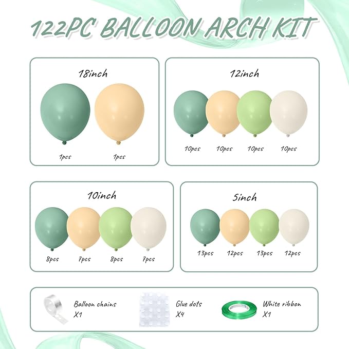 Sage Green Brown Balloon Arch Kit, 122Pcs Avocado Dusty Green Apricot Sand White Tan Balloons for Boy Girl Neutral Safari Baby Shower Woodland Birthday Dinosaur Party Summer Decorations