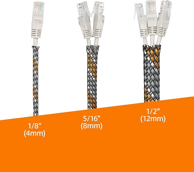 Braided Expandable Cable Sleeve, 25ft PP Cotton and PET Braided Cable Management, Flexible Mesh Wire Loom and Cable Protector for TV, Computer, Home Theater, Automotive (Orange White Grey, 5/16")