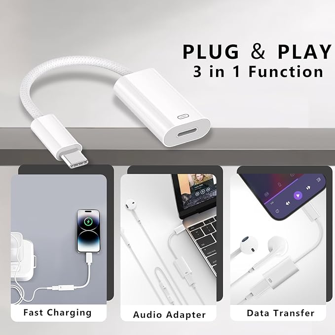 USB C to Lightning Headphone Audio Adapter, Type C Male to Female Lightning Earphone Converter with Charge/Data Transfer, Compatible with iPhone 16/15 Plus/Pro/Max, iPad Pro/Air 6/5/4, MacBook