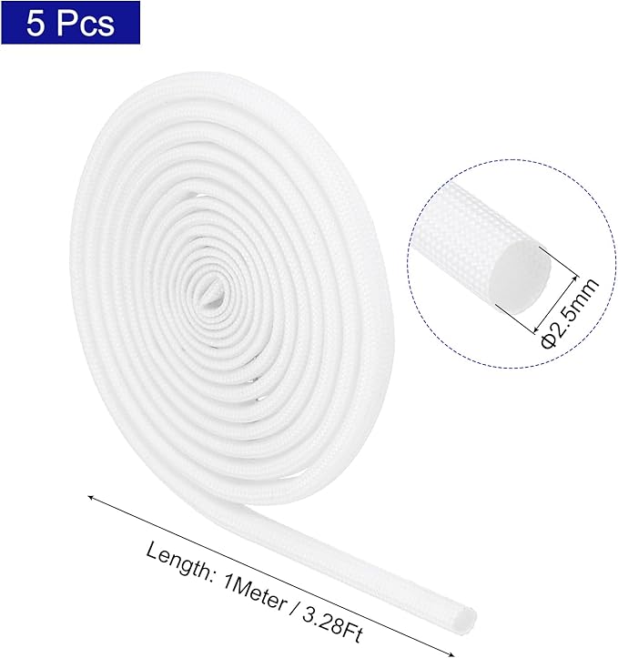 MECCANIXITY 5Pcs Wire Insulation Braid Fire Sleeve,3.28Ft-2.5mm ID White, High Temp Silicone Coated Fiberglass Sleeving for Automotive Hose Lines Electrical Wiring