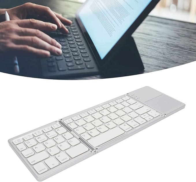 Wisoqu Foldable Keyboard with Touchpad, 3 Folding Wireless Keyboard 63 Keys 10m Connection USB Charging, for iOS for Laptop Tablet Smartphone (Silver White)