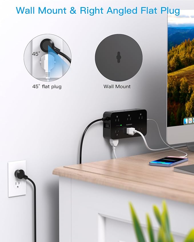 Power Strip Surge Protector with 12 Outlets 4 USB Ports(2 USB C), HANYCONY Black Flat Extension Cord 6 Feet, 1800J, Wall Mount, Desk Charging Station for Office Home College Dorm Room Essentials
