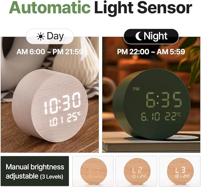FLT Moonfall Wood Interior LED Desk Clock-Khaki (Designed in Korea)- Time, Date, Temperature Display, Customizable Alarms, Auto Brightness, Compact 3.46-Inch Size, USB Cable & Adapter Included