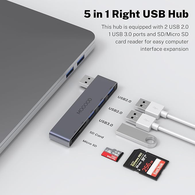 MOGOOD 5-Port USB Hub USB Splitter for Laptop USB 3.0 Dual Slot Flash Memory Card Reader for Camera USB Hub Multiport Adapter with 1USB 3.0 & 2USB 2.0,SD/TF Card Reader for Dell, Asus,HP,MacBook Air