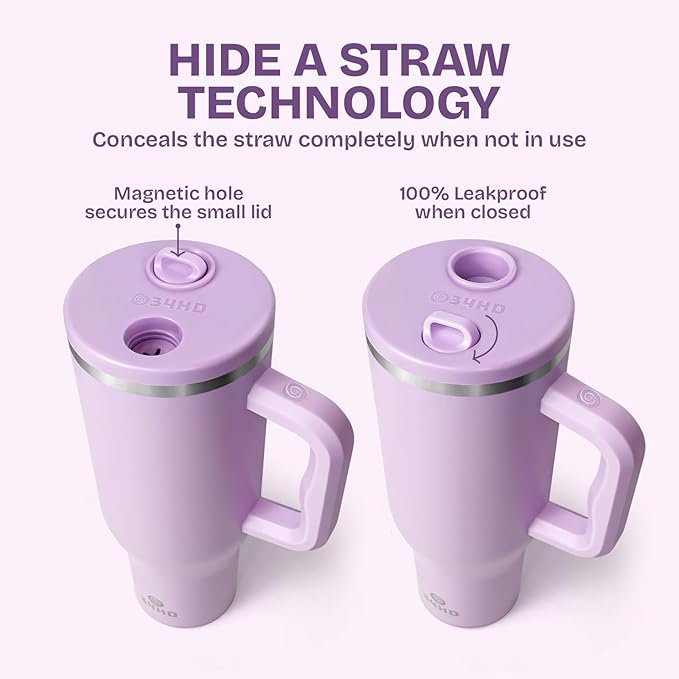 34HD 40 oz Stainless Steel Tumbler - Leakproof Insulated Water Bottle with Handle, Magnetic Lid and Flexible Straw - Iced for 48 Hours – Perfect for Men, Women, Birthday Gift, Purple - Lilac Bloom