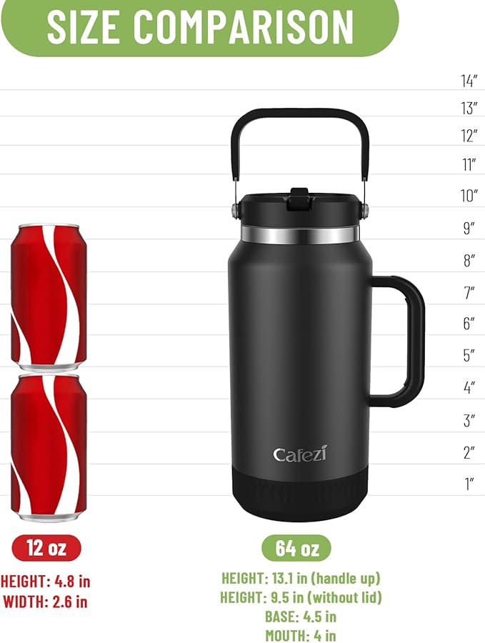 64oz Insulated Water Bottle with Flip Straw Lid - Leak-Proof, Sweat-Free, Top and Easy-Grip Side Handle, Silicone-Wrapped for Comfort, Iced for 34 Hours, Wide Mouth, BPA-Free, Anti-Slip Base