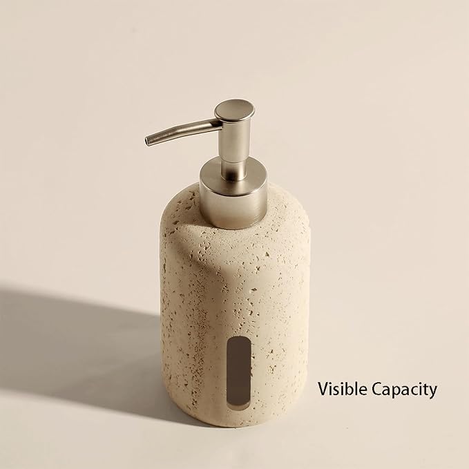 Liquid Soap Dispenser Refillable Stone Soap Dispenser Beige Travertine Liquid Shampoo Bottles Marble Hand Soap Dispenser for Bathroom Kitchen Decor