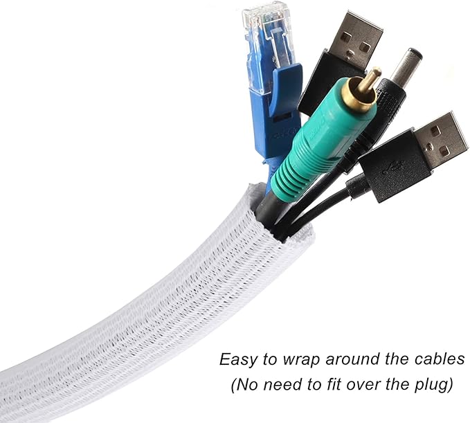 CrocSee 25ft - 3/4 inch Braided Cable Management Sleeve Cord Protector - Self-Wrapping Split Wire Loom for TV/Computer/Home Theater/Engine Bay - White