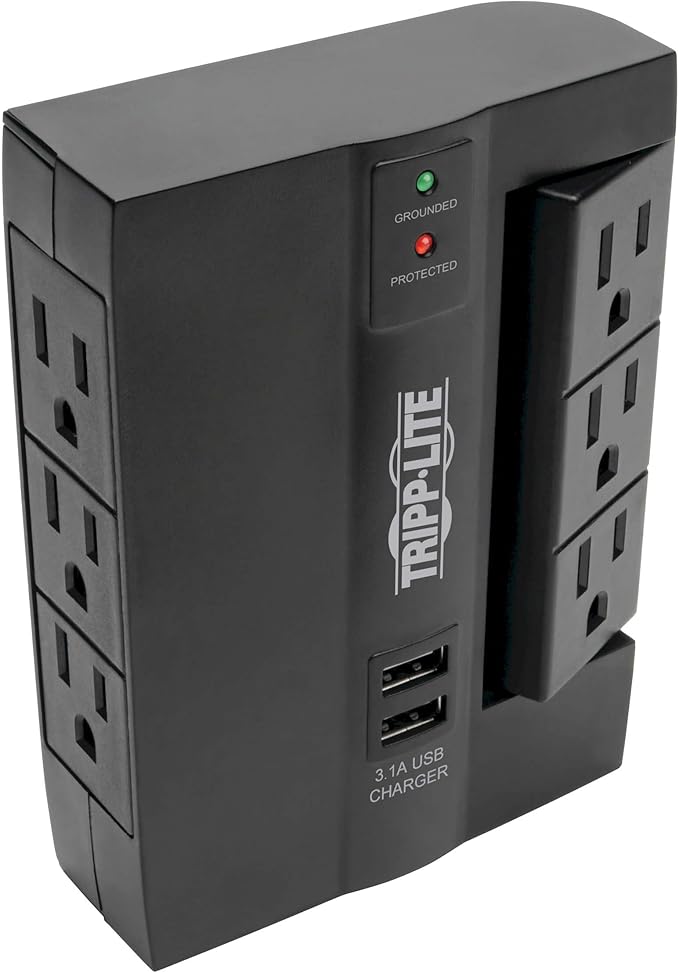 TRIPP LITE 6 Outlet Surge Protector Power Strip, 3 Rotatable Outlets, Wall Tap/Direct Plug in, 1200 Joules, 2 USB Charging Ports, Limited Warranty & $20, 000 Insurance (SWIVEL6USB), Black