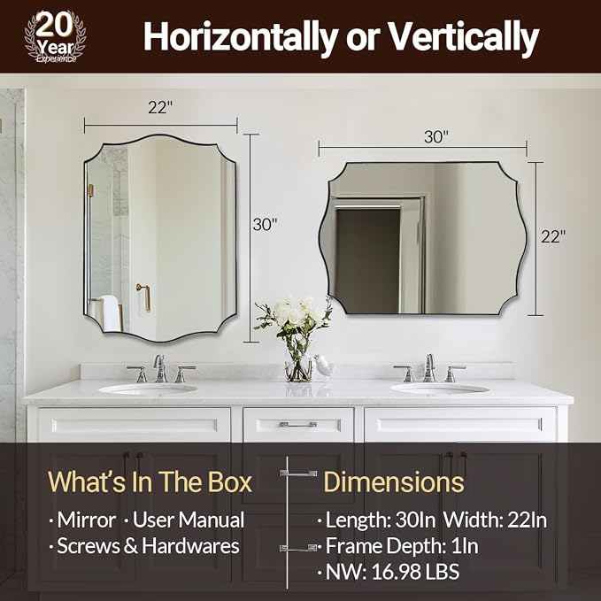 ANDY STAR Brushed Nickel Mirror, 22x30 Inch Silver Bathroom Vanity Mirror, Anti-Rust Stainless Steel 1" Frame, Unique Rectangular Mirror Ideal for Bathroom, Powder Room