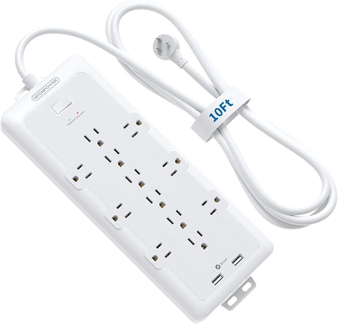 4000 Joules Surge Protector Power Strip, 12 Widely Spaced AC Outlets, Overload Protection, (1875W/15A) Heavy Duty Extension Cord 10 ft, Wall Mount, ETL Listed, Ideal for Home, Dorm Essentials, White