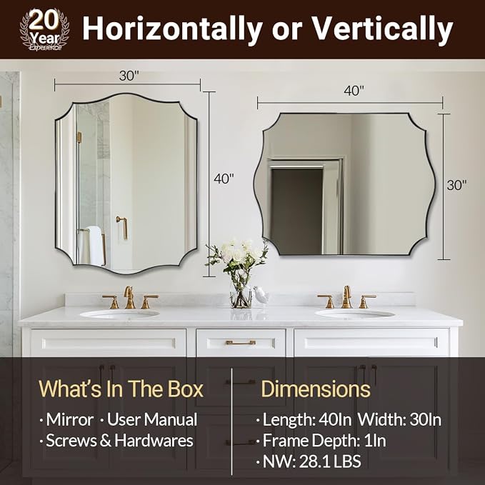 ANDY STAR 30x40 Inch Matte Black Mirror, Large Asymmetrical Wall Mirror in Premium Stainless Steel Metal Thin Frame Deep 1’’, Modern Rectangle Mirror with Unique Wavy Design Ideal for Home Decor