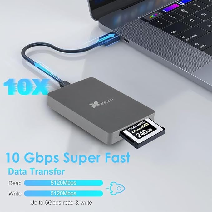 CFexpress Type B Card Reader with USB 3.2 Gen 2, 10Gbps High-Speed Data Transfer, USB C to USB C/USB A Cable, Aluminum Enclosure, Push Lock and Security LED Indicator