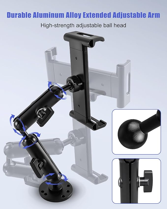THXCHER Industrial Aluminum Tablet Mount with Dual Link Arm, Heavy Duty 360° Adjustable Holder for 6-13" Devices, Multi-Hole Base for Truck Boat Wall Desk Installation