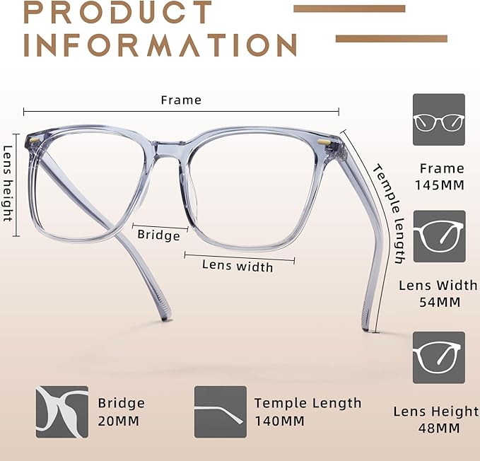 MACJERO Oversized Square Blue Light Blocking Glasses for Women Men, Anti-Fatigue Computer Monitor Gaming Glasses Reduce Eye Strain(transparent Grey)