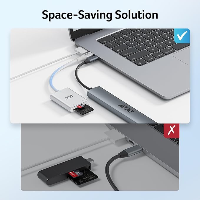Acer SD Card Reader USB C, Dual Slots Type C to Memory Card Reader, Aluminum Micro SD Card Camera Adapter for MicroSD, SDHC, SDXC, Compatible with iPhone16/15, MacBook, Android, Laptop-Silver