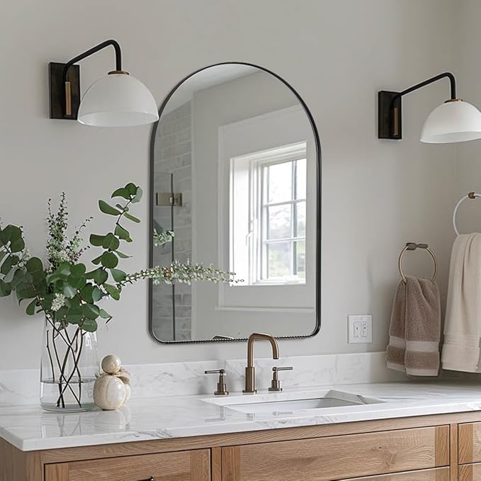 ANDY STAR Arched Mirror, 20 x 30 Inch Black Bathroom Mirror in Stainless Steel Metal Frame, Arch Top Rounded Corner 1 Inch Deep Set Design Wall Mount Hangs Vertical