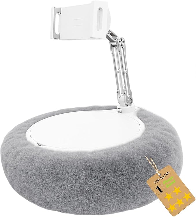 Fuzzy Pillow Phone Holder with Snack Bowl, Adjustable 360° Rotating Magnetic Stand for Phone/Tablet/Kindle iPad, Soft Plush Fabric, Detachable Snack Bowl for Reading for Bed (Gray)