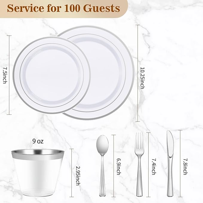 BESTVIP 700 PCS Silver Dinnerware Set for 100 Guests, Plastic Dinnerware Set for Party, Wedding, Christmas, Halloween, Include: 200 Plastic Plates, 100 Silver Silverware, 100 Cups, 100 Paper Napkins