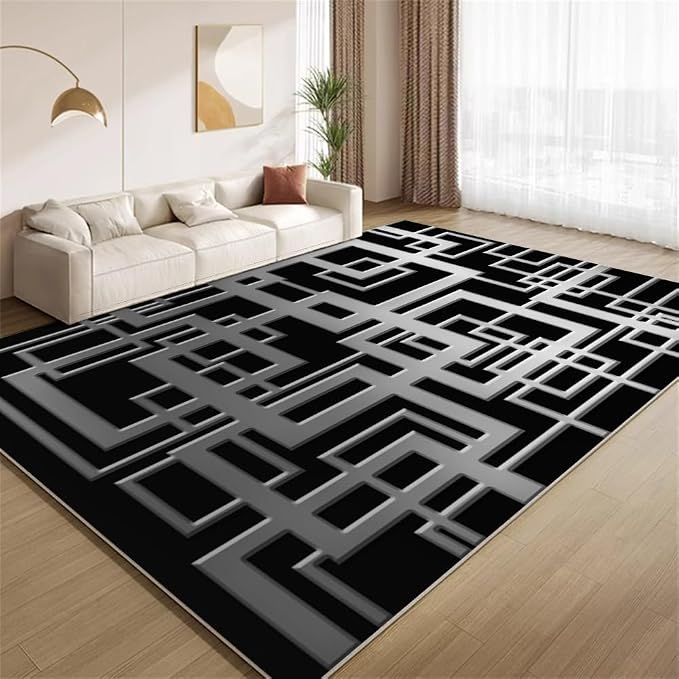 Minimalist Geometric Area Rugs, Grey Black Abstract Carpet, Washable Non Slip Low Pile Soft Rug for Living Room Bedroom Decor Mat 4x6ft
