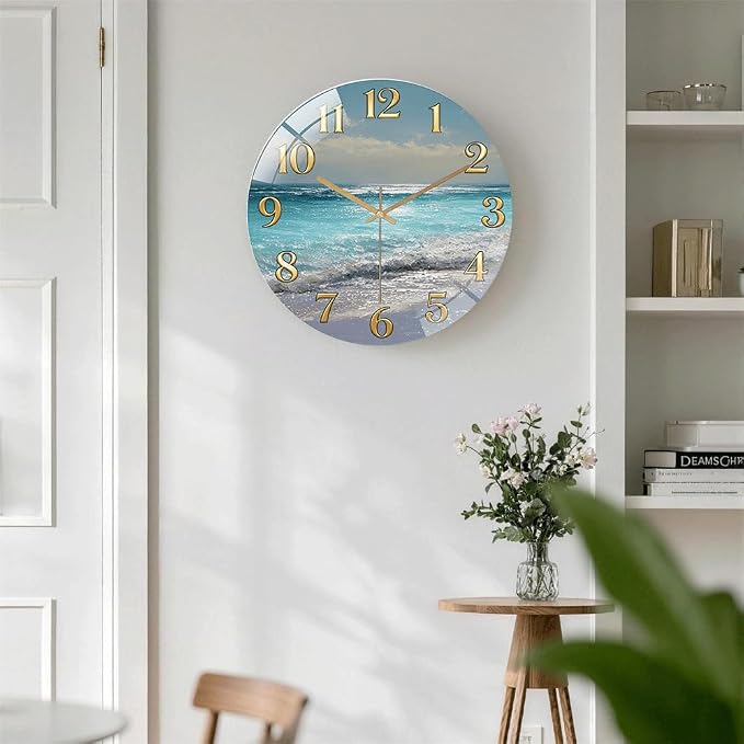 24 Inch Ocean Beach Glass Wall Clock Silent Coastal Art Decor | Silent glossy wall clock featuring a stunning ocean beach scene, perfect for adding a coastal vibe to living room or bedroom