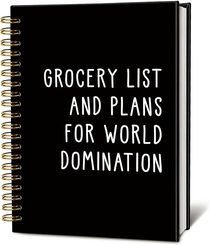 LIANGW Grocery List and Plans for World Domination Funny Notebooks Journal, Funny Gag Office Gifts for Coworkers, Office Notebooks, Funny Office Supplies, Black Hardcover Spiral Notebook 5.5x8.3 Inch