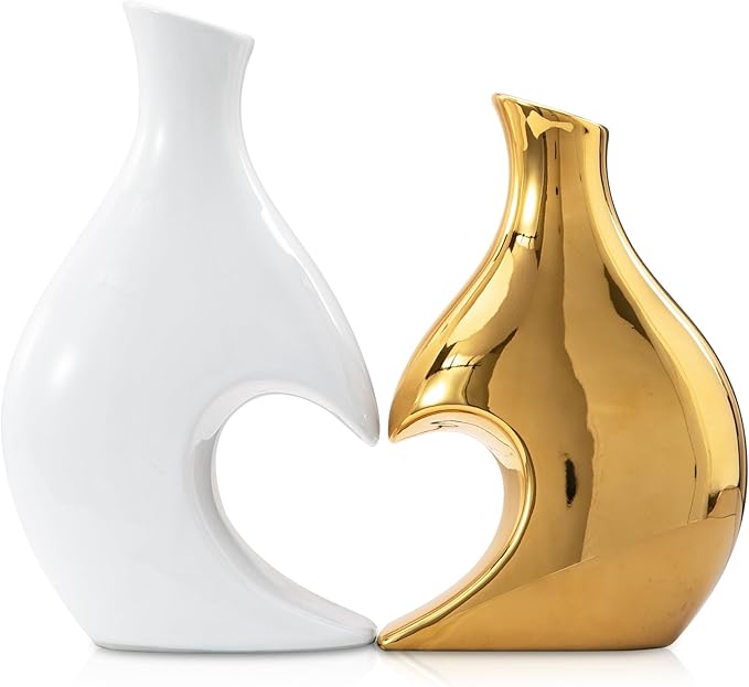 White and Gold Vases Set of 2, Modern Vases Home Decor, Heart Vase Ceramic Gold Decor, Pretty vases for Flowers, Decorative vase Table Centerpieces