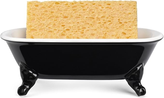 6.5" Ceramic Mini Decorative Clawfoot Bathtub Bar Soap Dish, Kitchen Sponge Holder and Shower Tray for Bathroom, 1 Pack(Black)