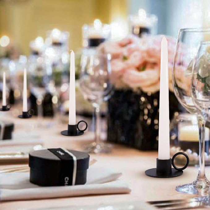 6PCS Black Taper Candle Holders with Round Handle, Matte Iron Candlestick Holders Centerpieces for Home Decoration, Wedding Anniversary, Party, Housewarming Gifts.