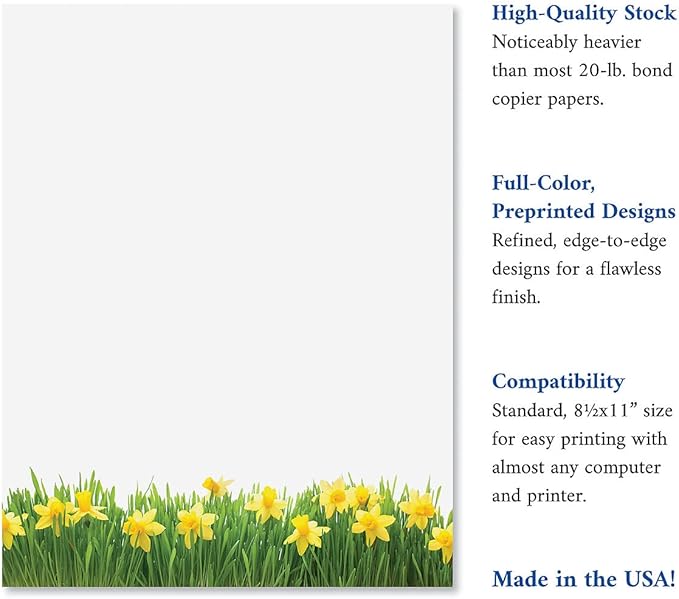Current Daffodil Floral Letter Paper - Spring Stationery Papers With Decorative Daffodil Border, Printable Holiday, Wedding & Bridal Shower, & Invitation Sheets, Set of 25, 8 1/2" x 11"