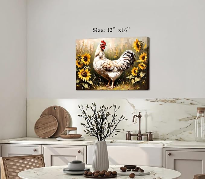 ZOIYINO Farmhouse Rooster Wall Art,Chicken Farm Kitchen Wall Art,Rustic Sunflower Chicken Barn Pictures Wall Decor,Sunflower Rooster Poster for Kitchen Bathroom Dining Room Decor(16"x12")