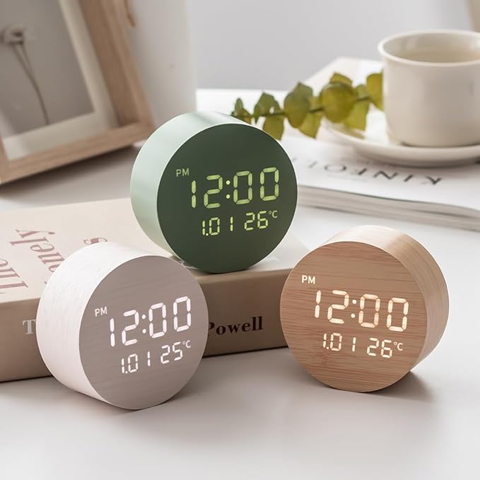 FLT Moonfall Wood Interior LED Desk Clock-White (Designed in Korea)- Time, Date, Temperature Display, Customizable Alarms, Auto Brightness, Compact 3.46-Inch Size, USB Cable & Adapter Included
