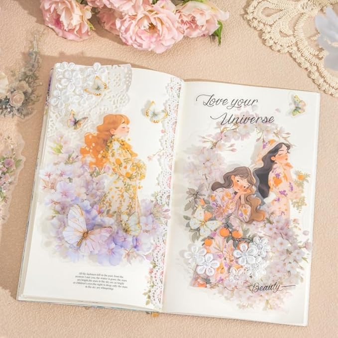 MiyouLuna 60 Pcs Vintage Flower PET Stickers Set, Large Floral Corner Stickers for Scrapbooking, Journaling, DIY Crafts, with Organizer