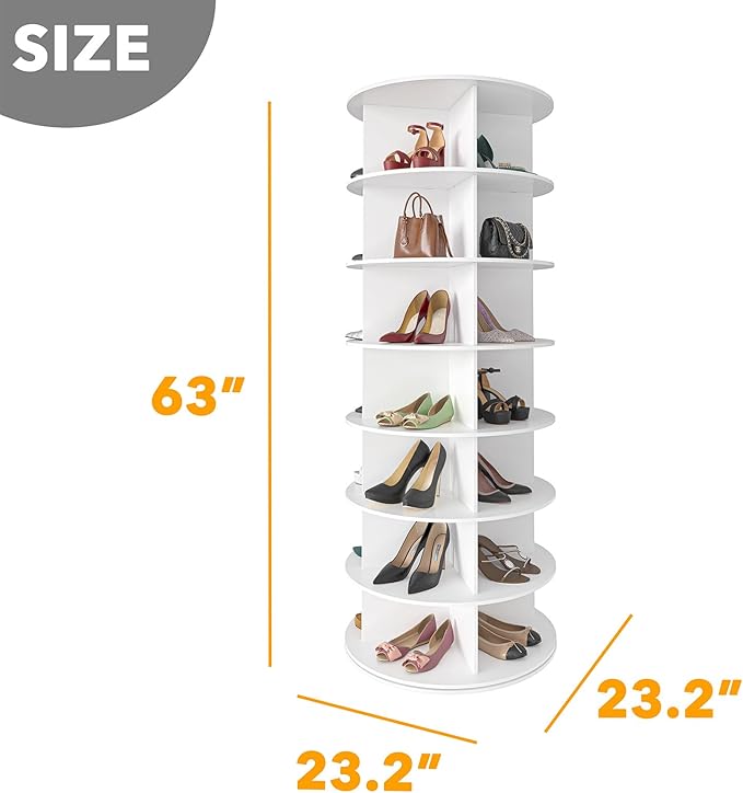 SpaceAid 7 Tier Rotating Shoe Rack Tower, Spinning Shoe Display Lazy Susan, Revolving 360 Shoe Rack Storage Round Carousel, Vertical Handbag Rotate Shoes Closet Organization (7-Tier White)