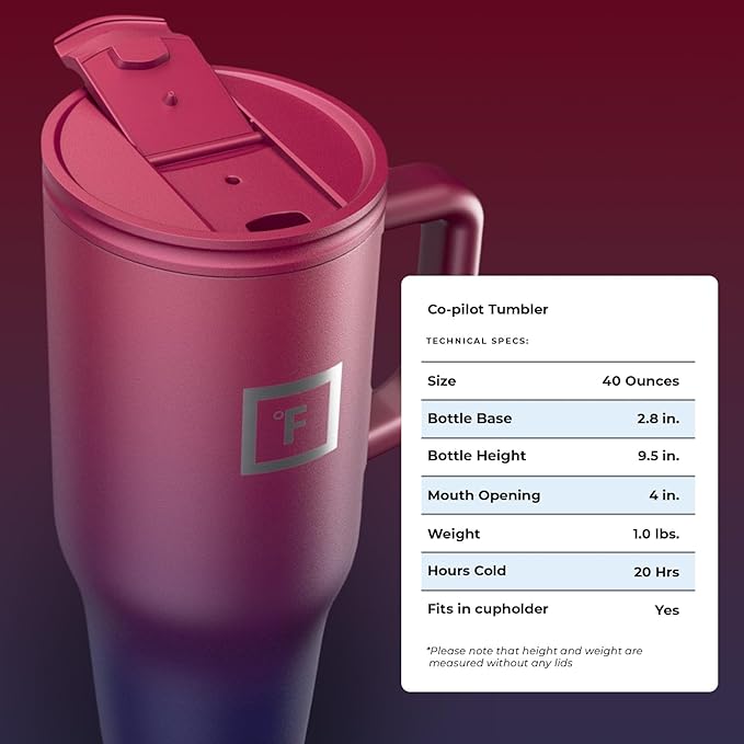 IRON °FLASK Co-Pilot Insulated Mug w/Straw & Flip Cap Lids - Cup Holder Bottle for Hot, Cold Drink - Leak-Proof - Water, Coffee Portable Travel Mug - Dark Rainbow, 40 Oz