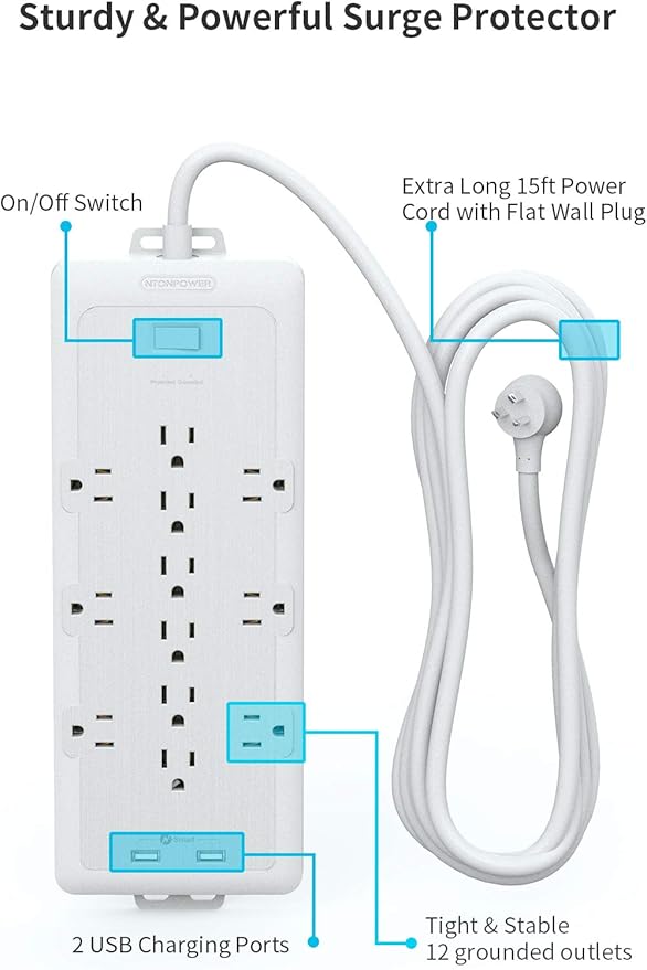 4000 Joules Power Strip Surge Protector, 15 FT Heavy Duty Extension Cord (1875W/15A), 12 Widely Spaced AC Outlets, Overload Protection, Wall Mount, ETL Listed, Ideal for Home, Dorm Essentials, White
