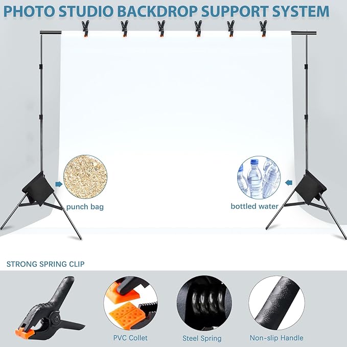 Backdrop Stand 10x7ft(WxH) Photo Studio Adjustable Background Stand Support kit with 2 Crossbars, 6 Clamps, 2 Sandbags and Carry Bag for Parties, Events Decoration, Wedding, Photography (Black)