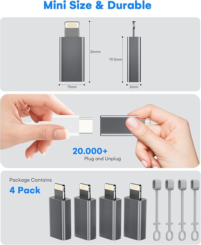MFi Certified USB C to Lightning Adapter 4-Pack, 27W Fast Charging & Data Sync, Lightning to USB Type C Cable Adapter Compatible with iPhone 14/13/12/Pro/Max, iPad, AirPods, with Anti-Loss Lanyard